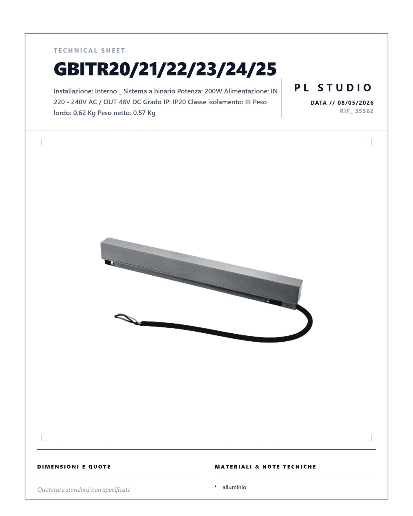 ALIMENTATORE 200 W NON DIMMERABILE AD INCASTRO MAGNETICO DIRETTO PER BINARI GEA MAGNETICI DA INCASSO O DA SUPERFICIE