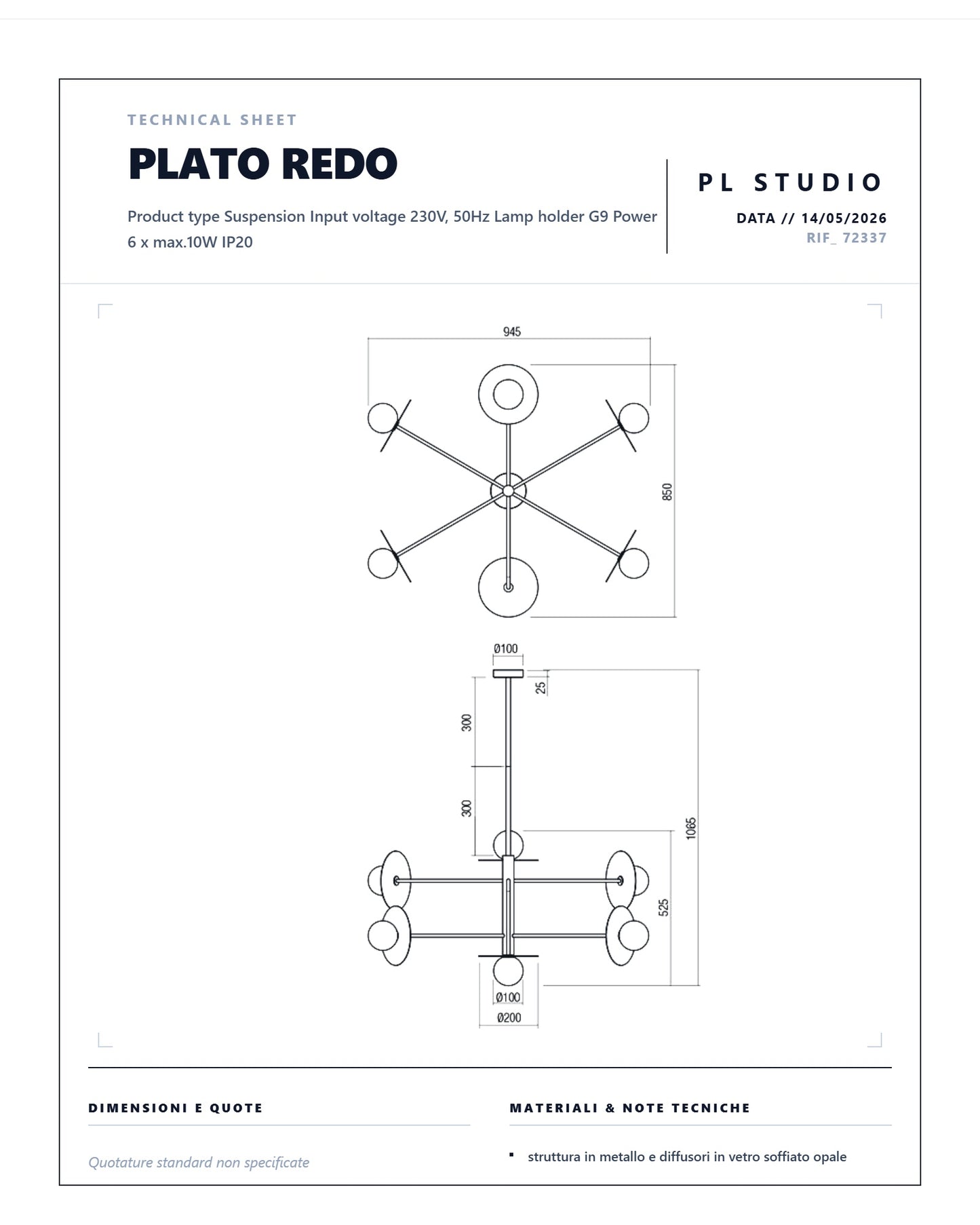 SOSPENSIONE PLATO REDO ORO/ NERA 6 LUCI G9