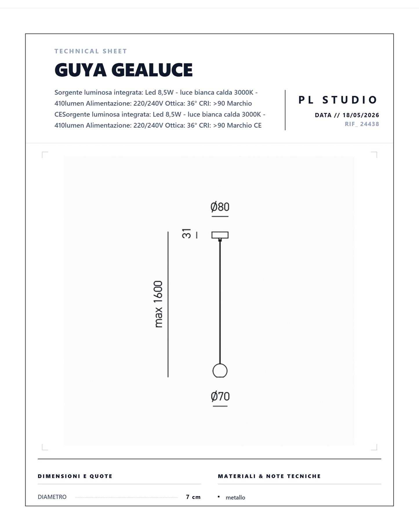 SOSPENSIONE SINGOLA LED GUYA GEALUCE 8,5W 410LUMEN