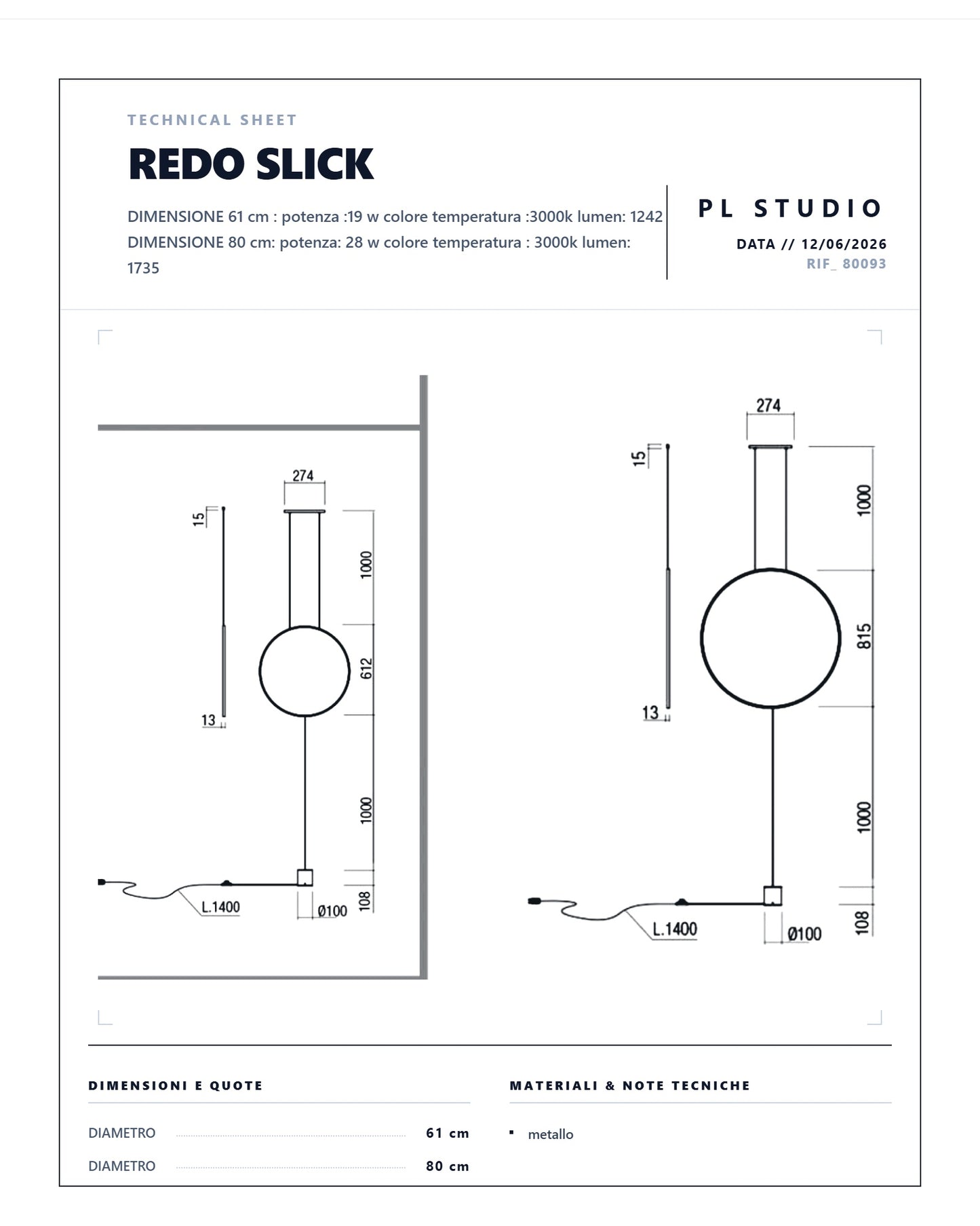 SLICK REDO PIANTANA DA SOFFITTO LED