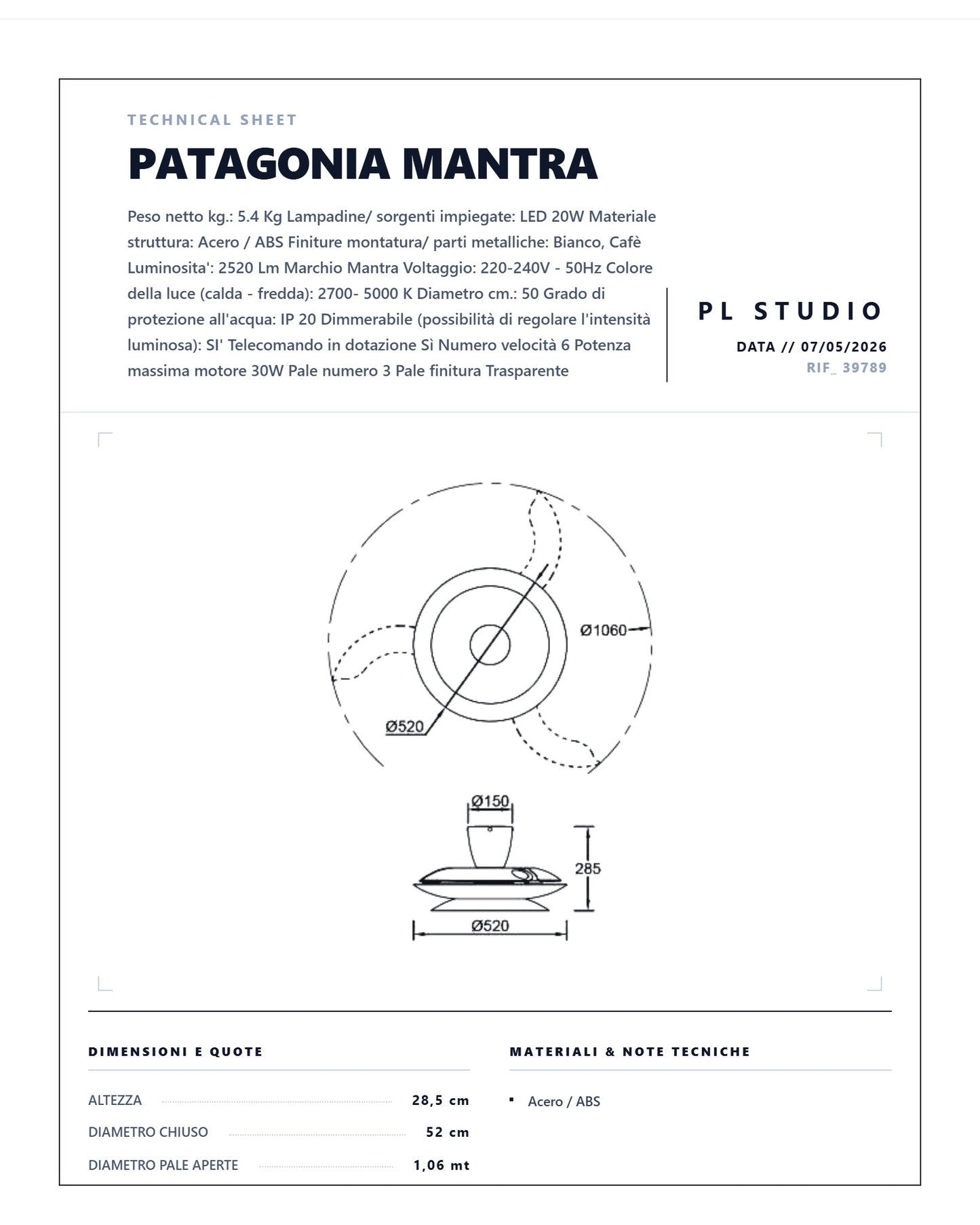 VENTILATORE PATAGONIA MANTRA PLAFONIERA