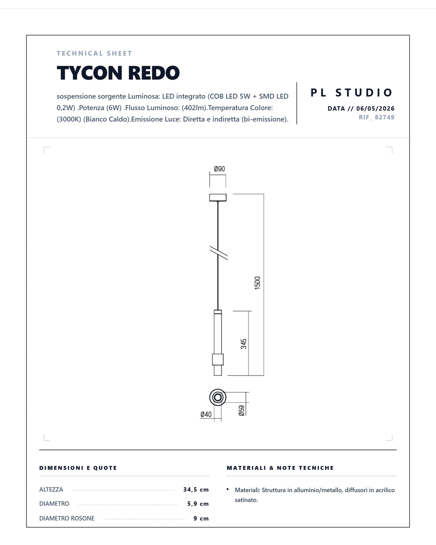 Sospensione LED Redo Group Tycon 6W 3000K design moderno