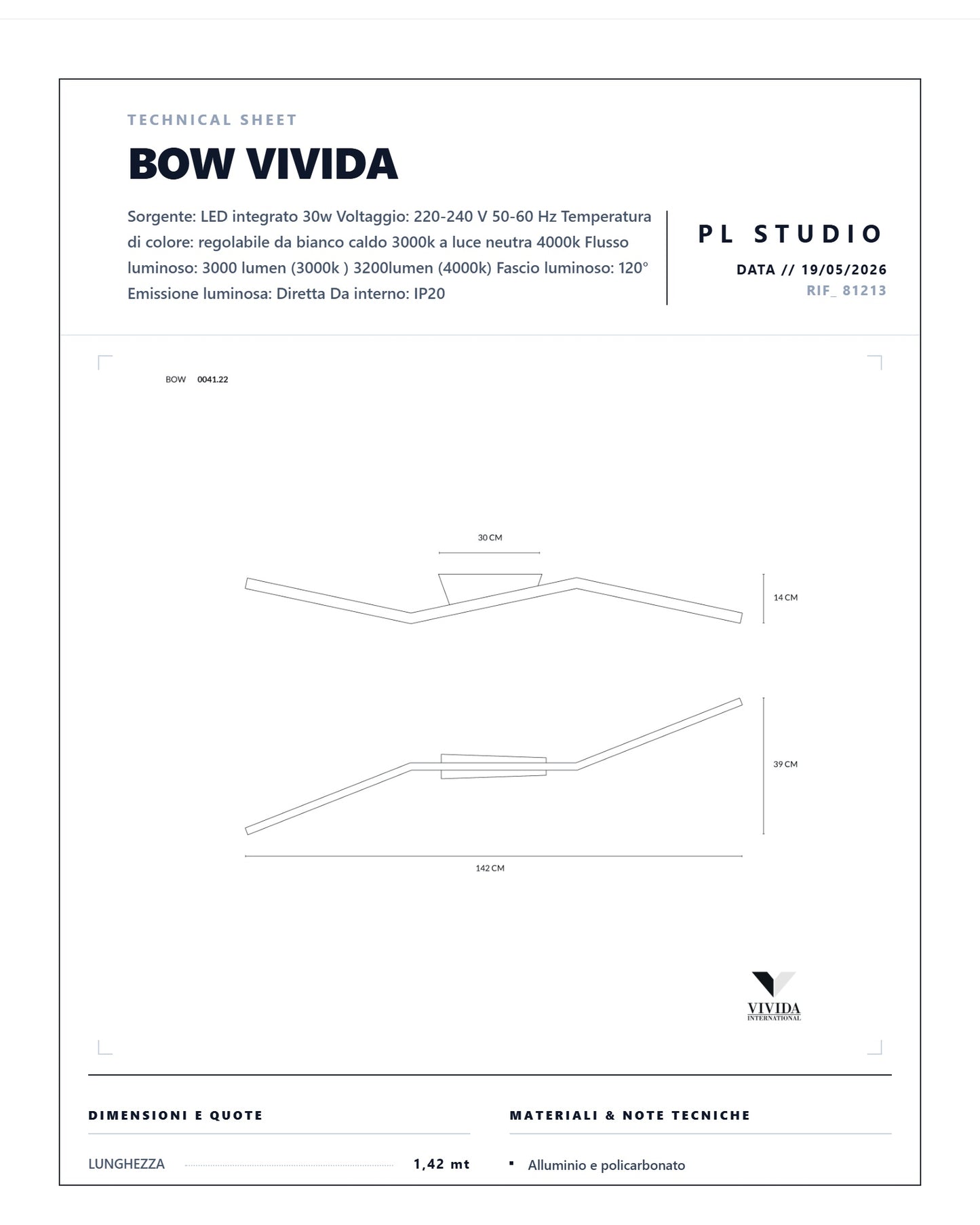 PLAFONIERA A LED BOW VIVIDA 1,42 MT