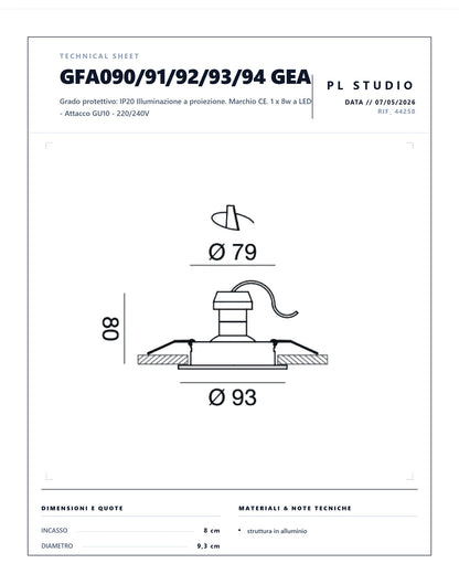 FARETTO DA INCASSO ORIENTABILE GU10 GEA GFA090/ GFA091/ GFA092 / GFA093 / GFA094