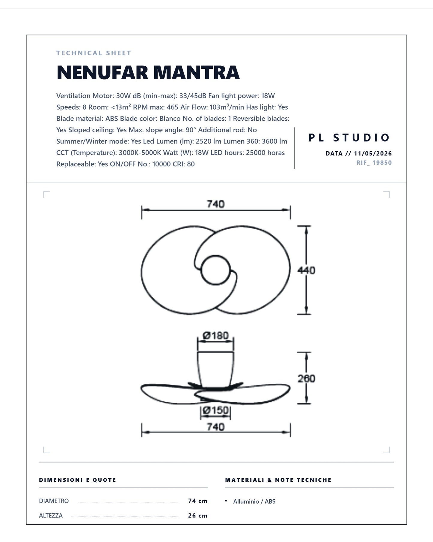 VENTILATORE PLAFONIERA MANTRA NENUFAR LED