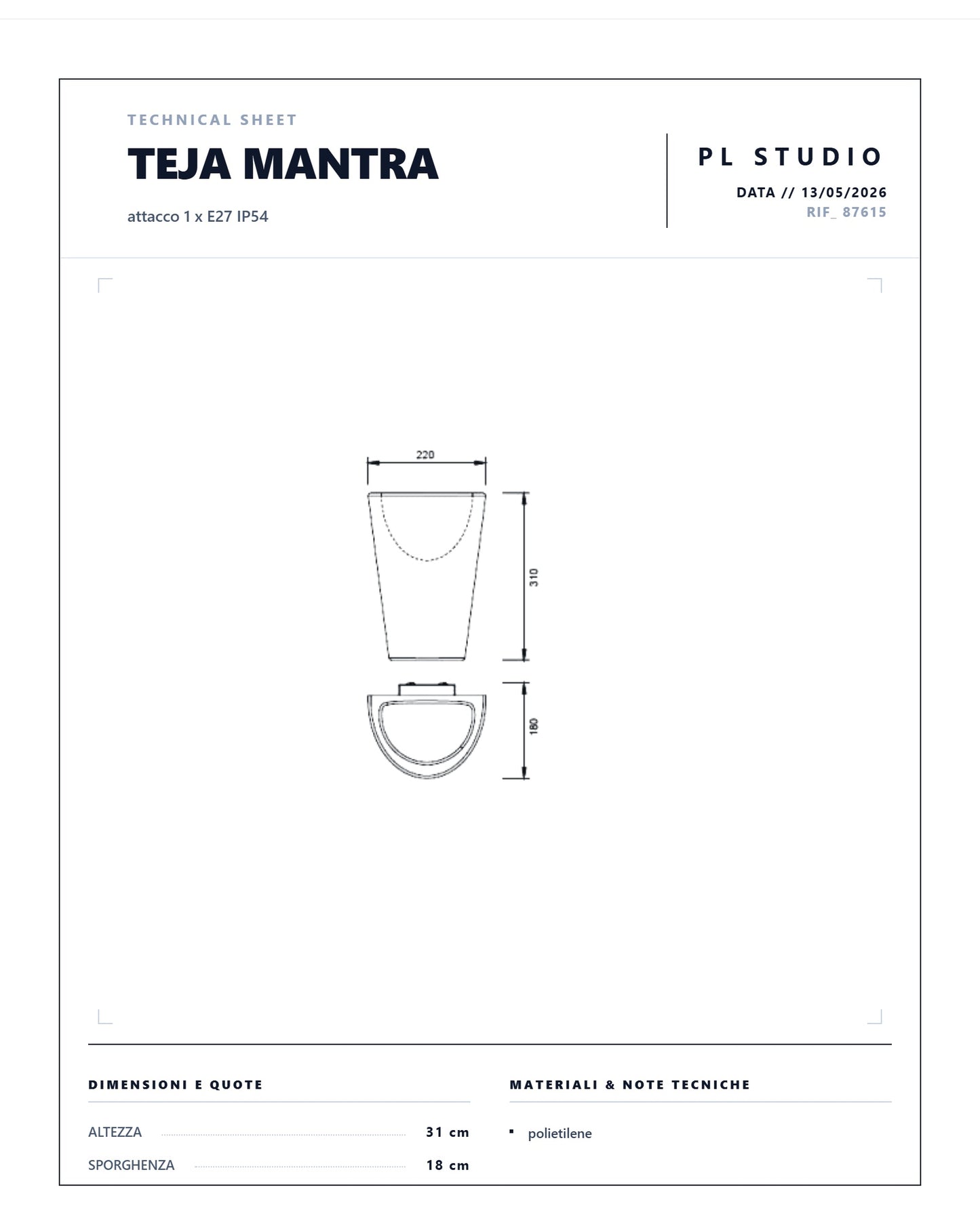 TEJA APPLIQUE VASO PER ESTERNO MANTRA IP54