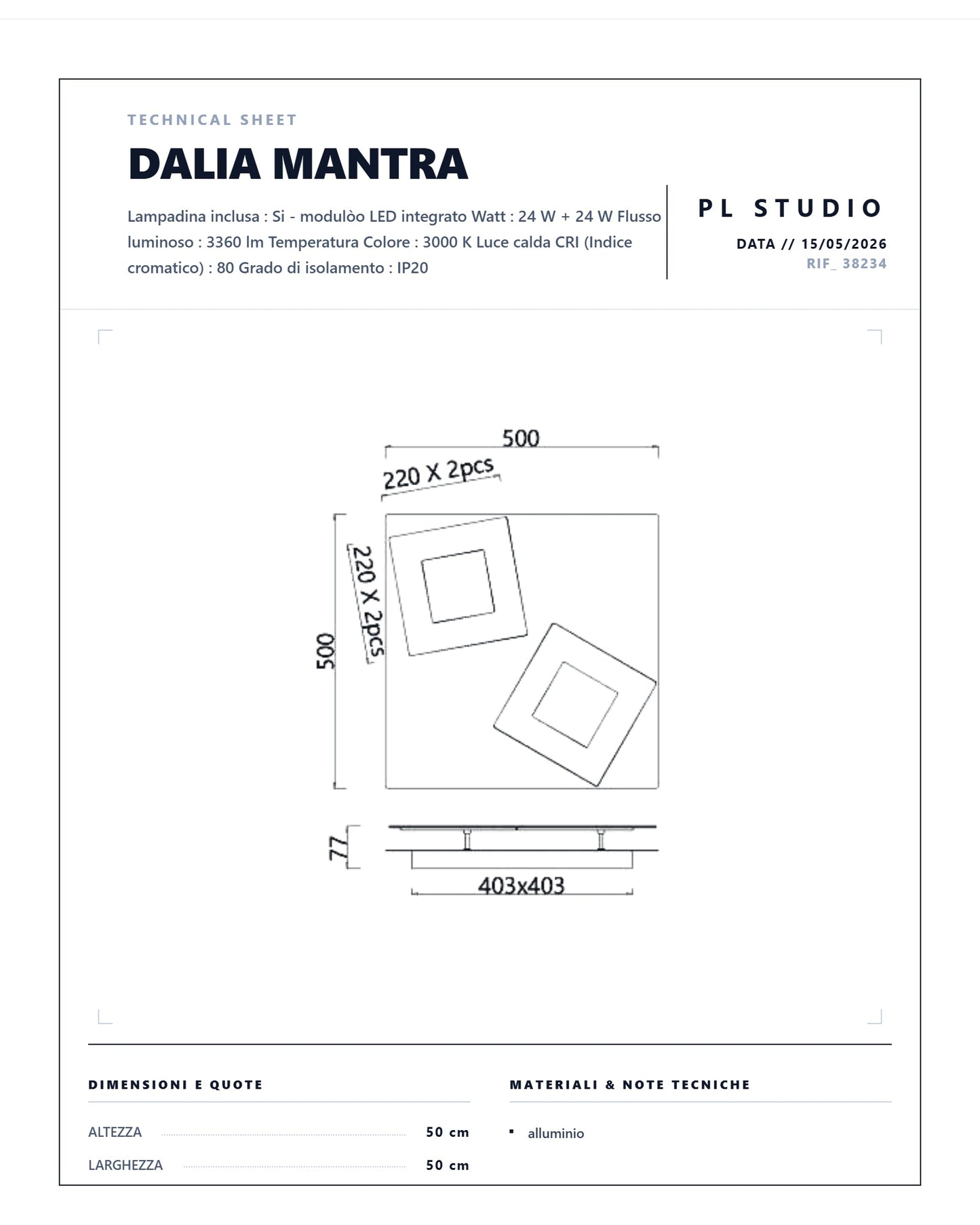 PLAFONIERA DALIA 50 x 50 CM MANTRA LED 48w 3360LUMEN