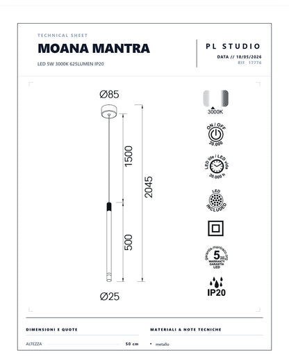 SOSPENSIONE SINGOLA LED MANTRA MOANA TUBOLARE 5W 625LUMEN