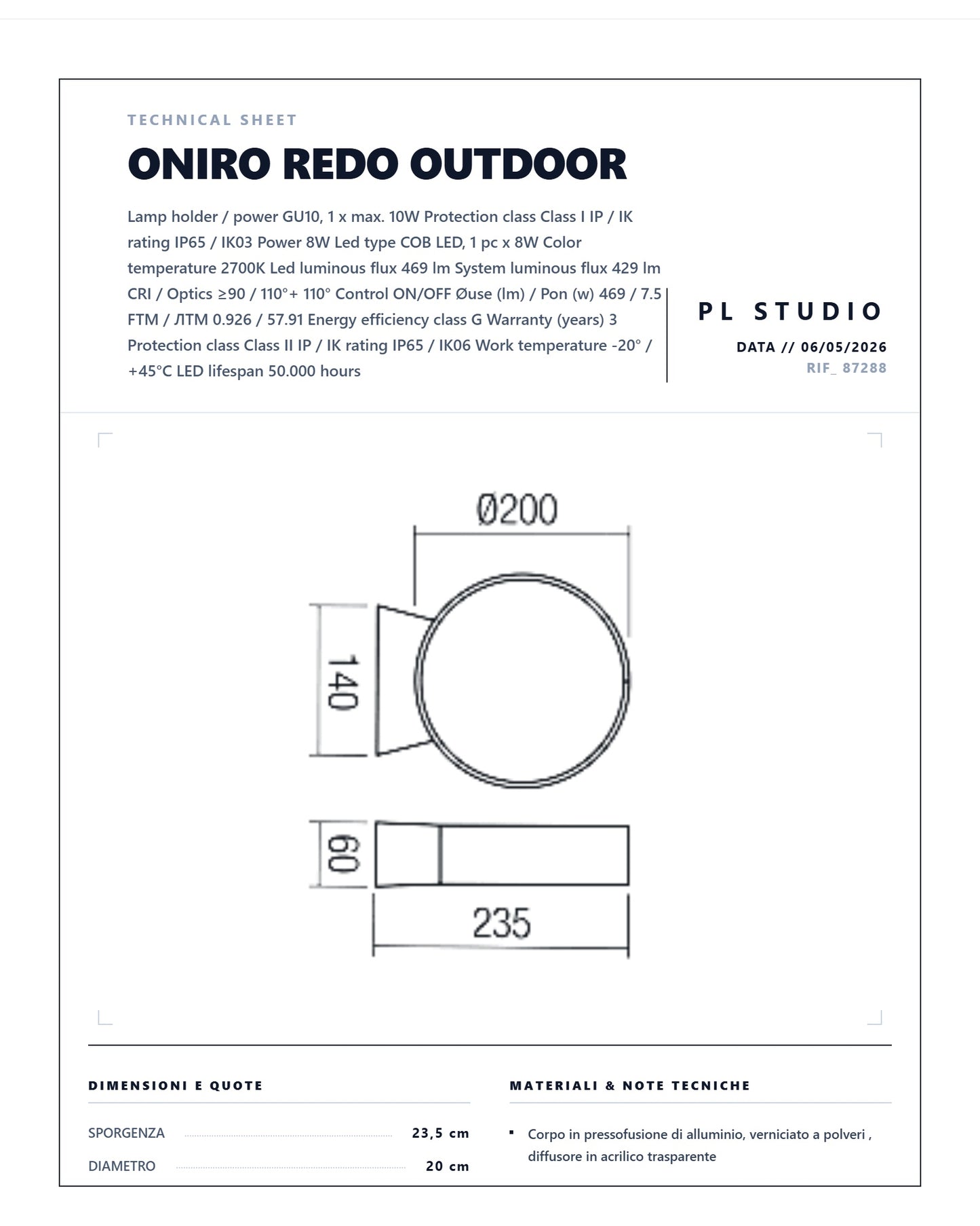 LAMPADA DA PARETE ONIRO REDO OUTDOOR IP65