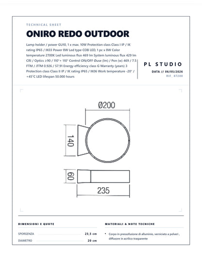 LAMPADA DA PARETE ONIRO REDO OUTDOOR IP65